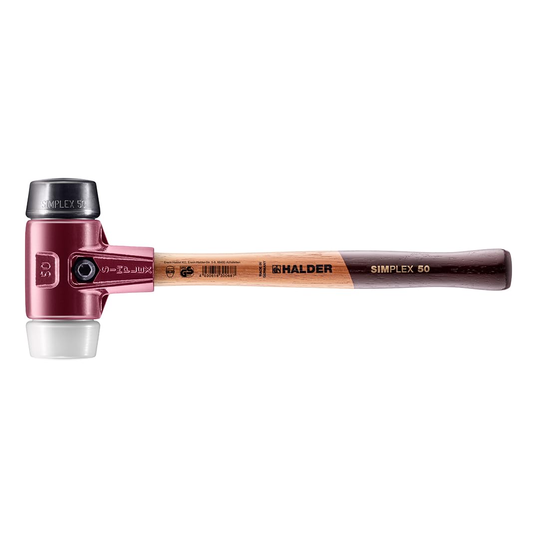Halder Simplex Soft-Face Mallet 3027.282 – Medium-Hard "Stand-Up" Rubber Insert, Superplastic Insert, Cast Iron Housing, Extra Short Varnished Wooden Handle, 80mm, 6 lbs.