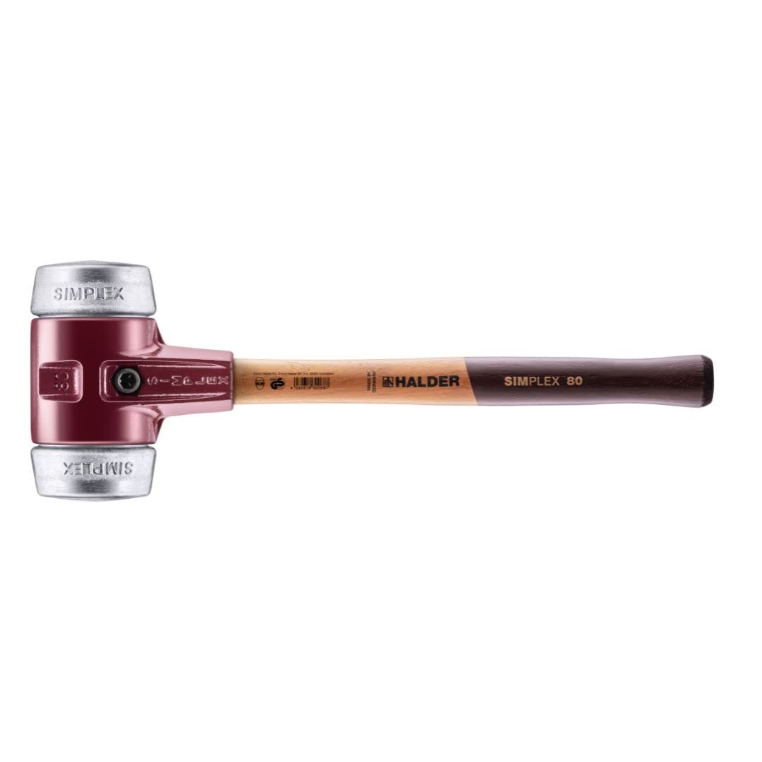 Halder Simplex Mallet 80mm – Soft Metal Inserts, Cast Iron Housing with Protection Sleeve, Varnished Hickory Handle, Heat-Resistant Non-Sparking Assembly & Straightening Hammer – 3009.080
