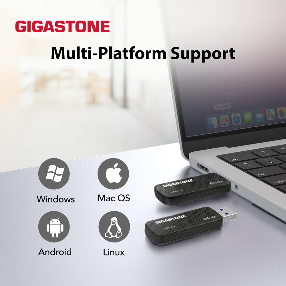 GIGASTONE 64GB Flash Drive 10-Pack, USB 3.2 Gen 1, Up to 80MB/s High-Speed Data Transfer, Carbon Fiber Design, Retractable, USB 2.0 / USB 3.0 / USB 3.1 Interface Compatible