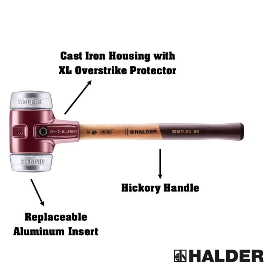 Halder Simplex Mallet 80mm – Soft Metal Inserts, Cast Iron Housing with Protection Sleeve, Varnished Hickory Handle, Heat-Resistant Non-Sparking Assembly & Straightening Hammer – 3009.080