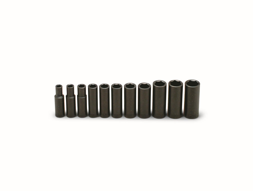 Wright Tool 412 1/2 Inch Drive 11 Piece 6 Point Deep Impact Socket Set 3/8 to 1 Inch Wright Drive 2.0 Oiled Black Oxide Forged Steel USA Made