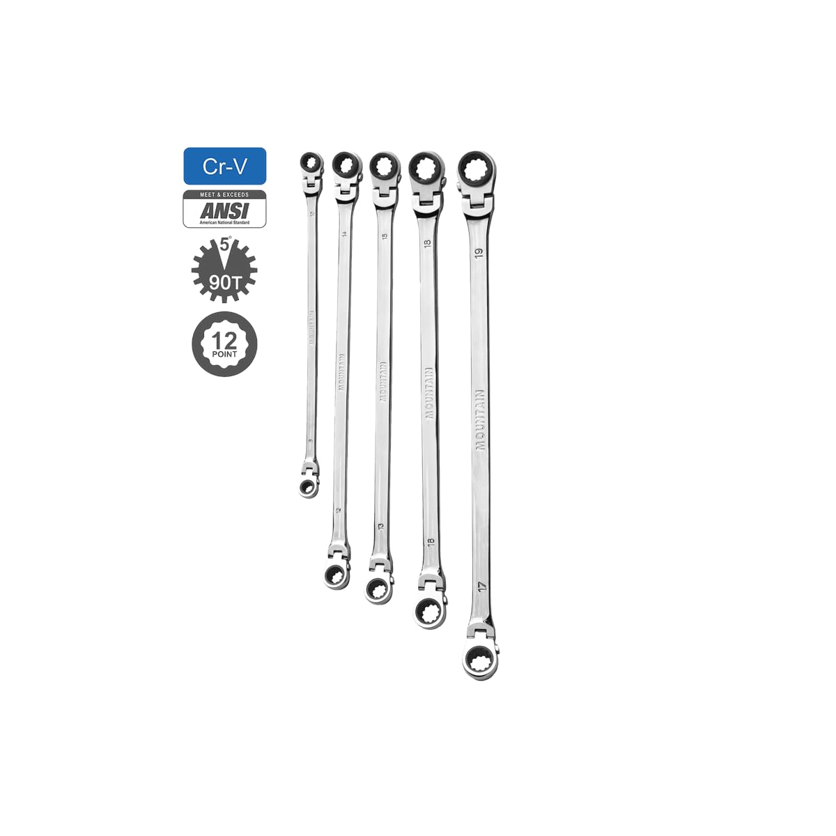 MOUNTAIN RM6, 5 Piece Metric Double Box Universal Spline Reversible Ratcheting Wrench Set, Extra Long Chrome Vanadium Steel, 90 Tooth, 4 Degree Swing Arc, Flexible Design for Hard to Reach Fasteners