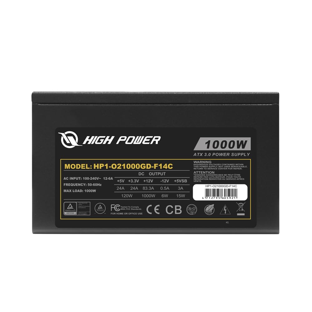 HIGH POWER PC Computer Power Supply Fully Modular 1000W 80 Plus Gold Certified ATX 3.0 & PCIE-5.0 Compliant, High-Performance, Efficiency, and Reliability. Active PFC, and All Protections