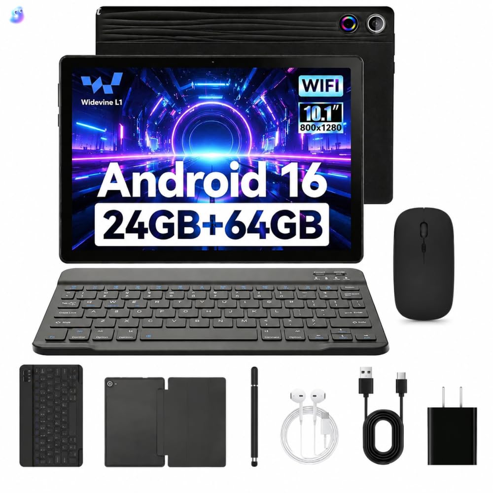 Tablet, 10.1 Inch Android 16 Tablets with Keyboard,24+64GB, 1TB Expansion
