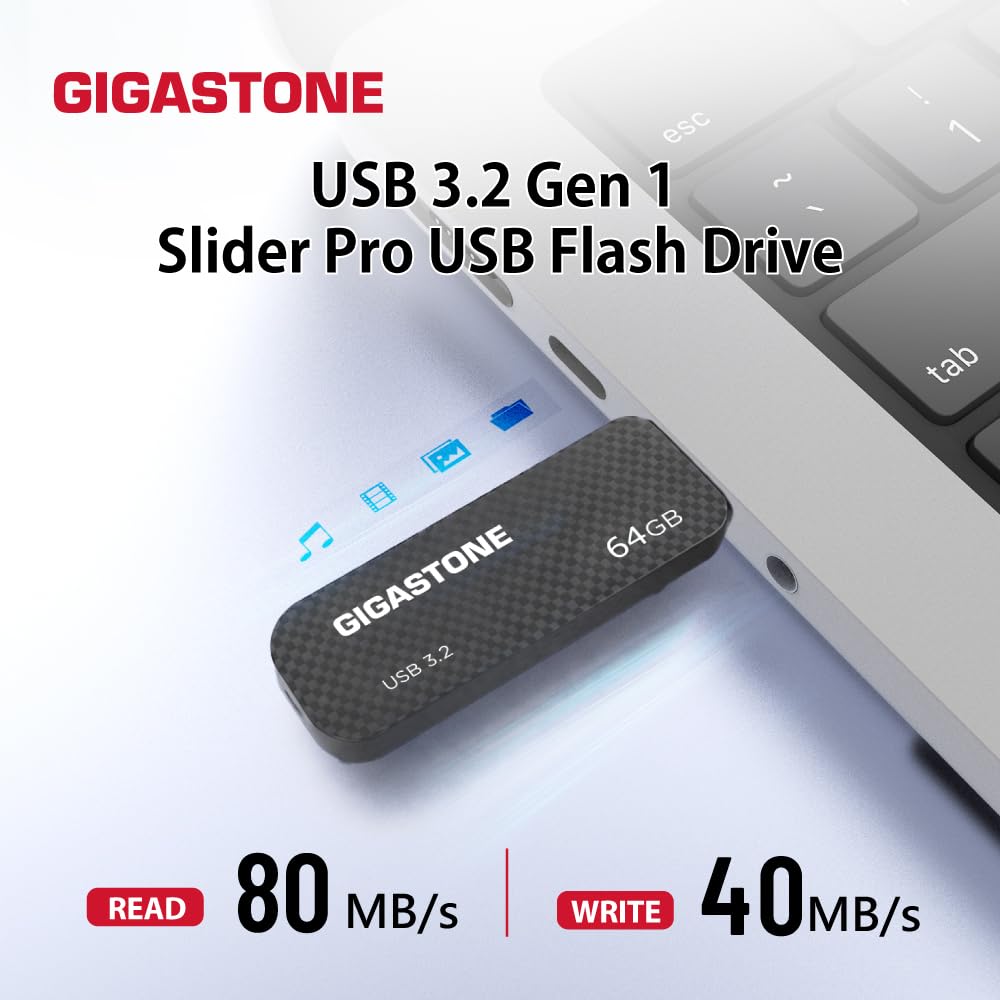 GIGASTONE 64GB Flash Drive 10-Pack, USB 3.2 Gen 1, Up to 80MB/s High-Speed Data Transfer, Carbon Fiber Design, Retractable, USB 2.0 / USB 3.0 / USB 3.1 Interface Compatible