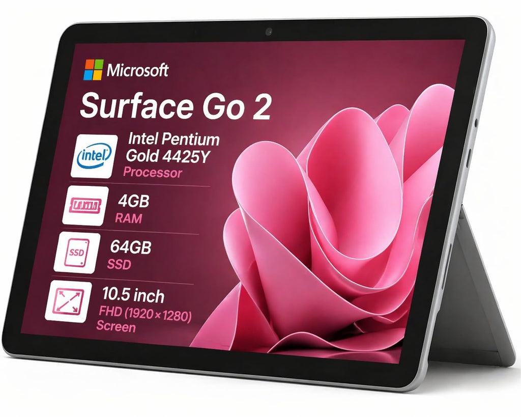 Microsoft Surface Go 2 10.5" FHD (1920 × 1280) Touchscreen Tablet PC, Intel Pentium Gold 4425Y, 4GB RAM 64GB SSD, Windows 11 Pro, Perfect for Education, Remote Work & On-the-Go Productivity (Renewed)