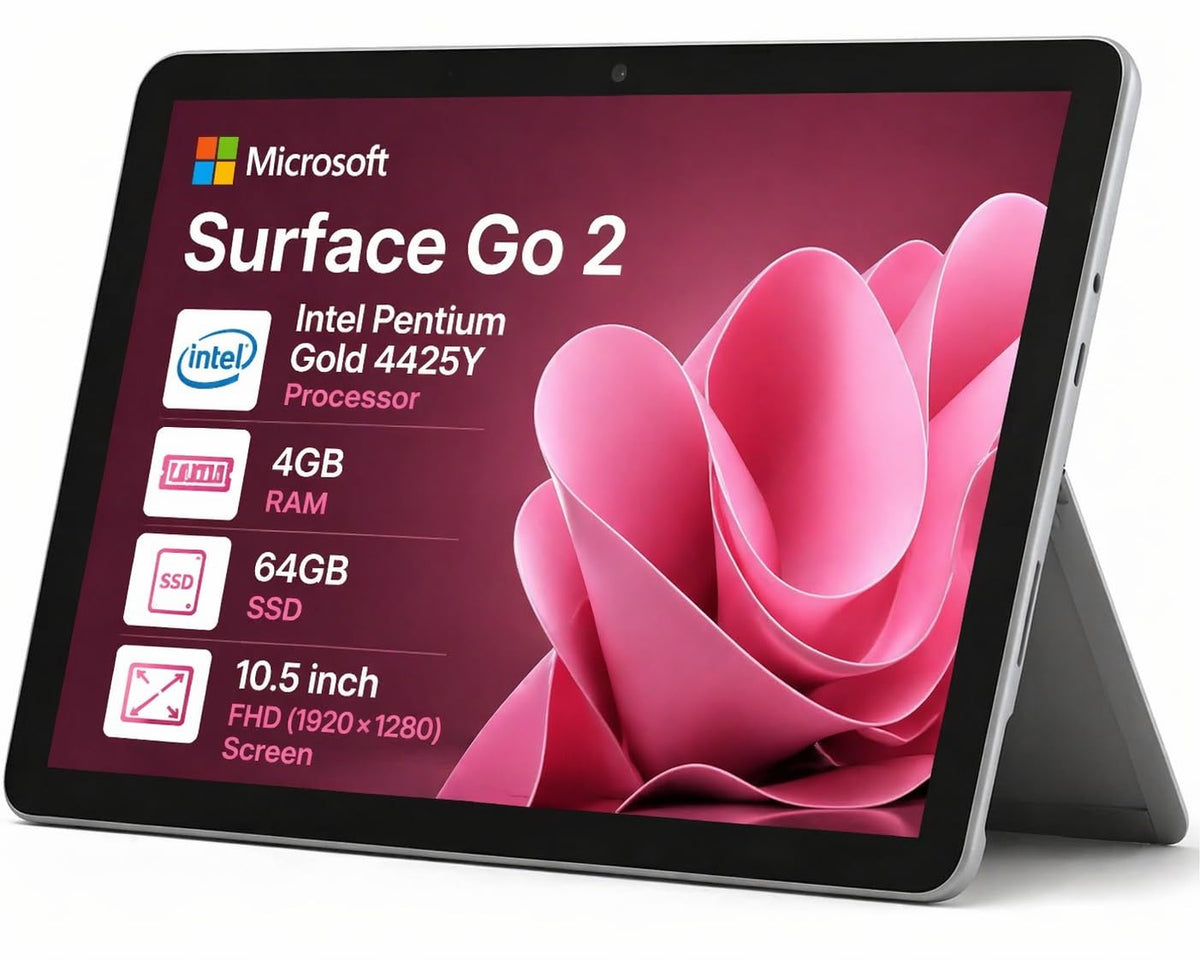 Microsoft Surface Go 2 10.5" FHD (1920 × 1280) Touchscreen Tablet PC, Intel Pentium Gold 4425Y, 4GB RAM 64GB SSD, Windows 11 Pro, Perfect for Education, Remote Work & On-the-Go Productivity (Renewed)