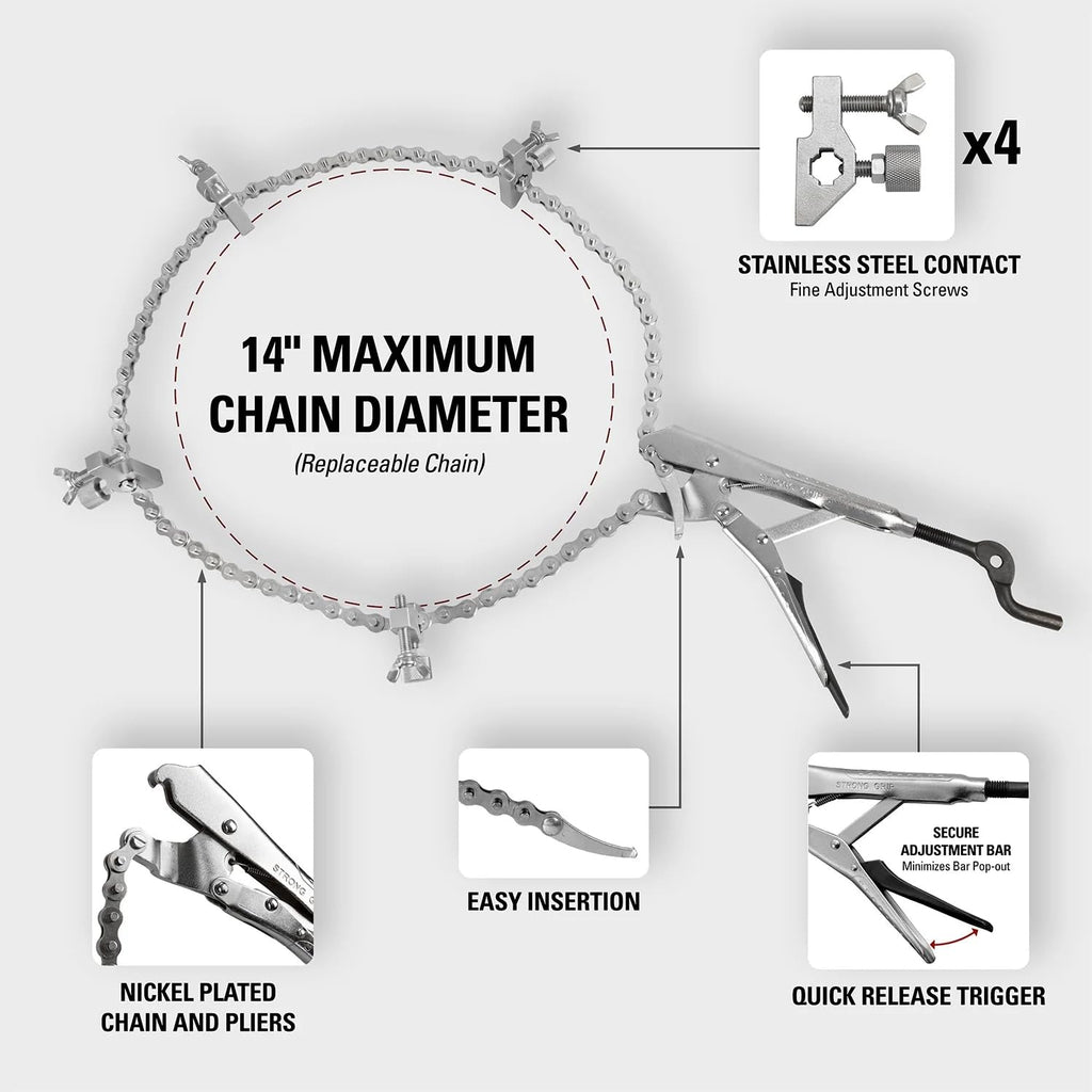 Strong Hand Tools The Python Pipe Alignment Chain Pliers, 14 in. Max Pipe Diameter, 48 in. Chain, Stainless Steel Contacts, 360° Weld Access, PCA2048