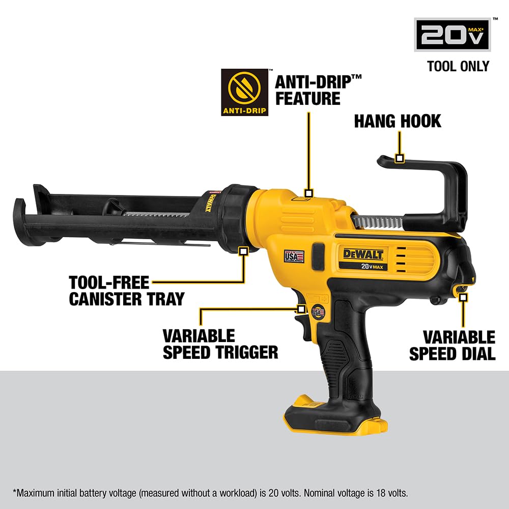 DEWALT 20V MAX Caulking Gun, Cordless, 10oz, Variable Speed Trigger, Interchangeable Canister Trays, Bare Tool Only (DCE560B)