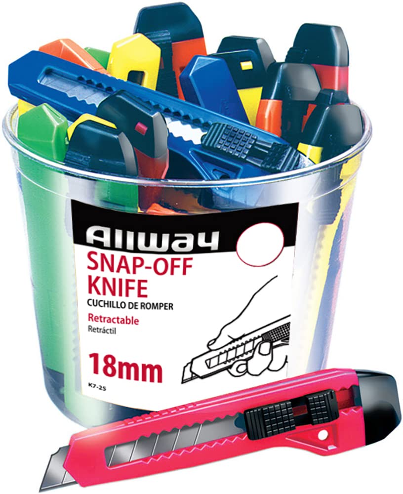 ALLWAY K7-25 Retractable 18mm Snap-Off Knife, Neon, 100 Pack