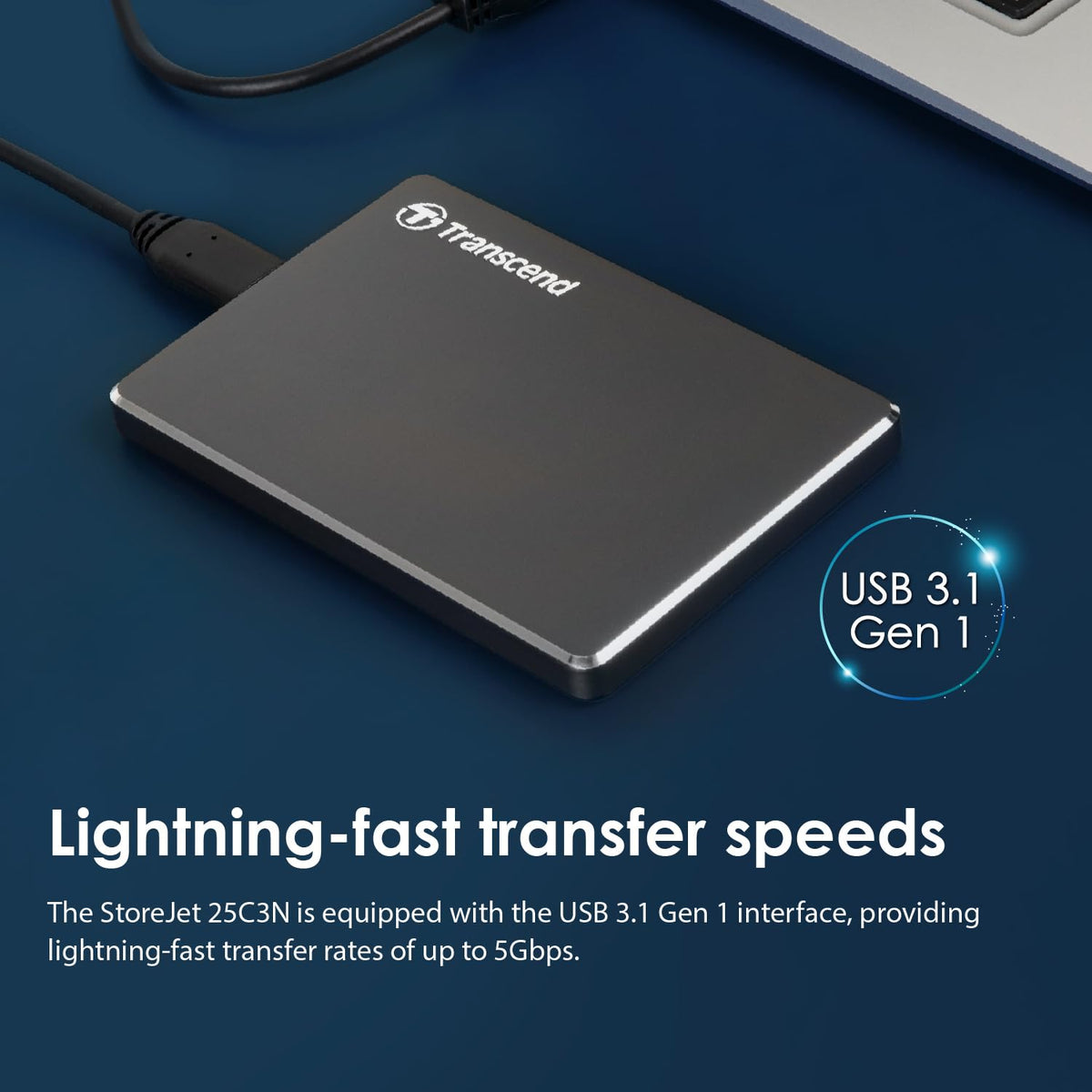 Transcend 1TB StoreJet 25C3N Portable HDD, Sleek Aluminum Case, Type-A