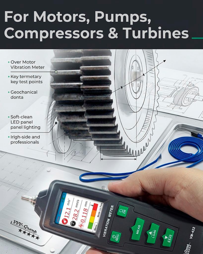 Digital Vibration Meter – VM-422 Industrial Vibrometer with Memory, Acceleration 0.1–199.9 m/s², Velocity 0.1–199.9 mm/s, Displacement 0.001–1.999 mm, 10Hz–4kHz, 500 Data Storage