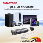 Gigastone USB-C External SSD 1TB Gaming iPhone15 USB3.2 Gen2 1,050MB/s USB-A&C Dual Portable Solid State Drive MacBook iPad Laptop Smartphone SSD Backup Hard Drive for PS5 Console