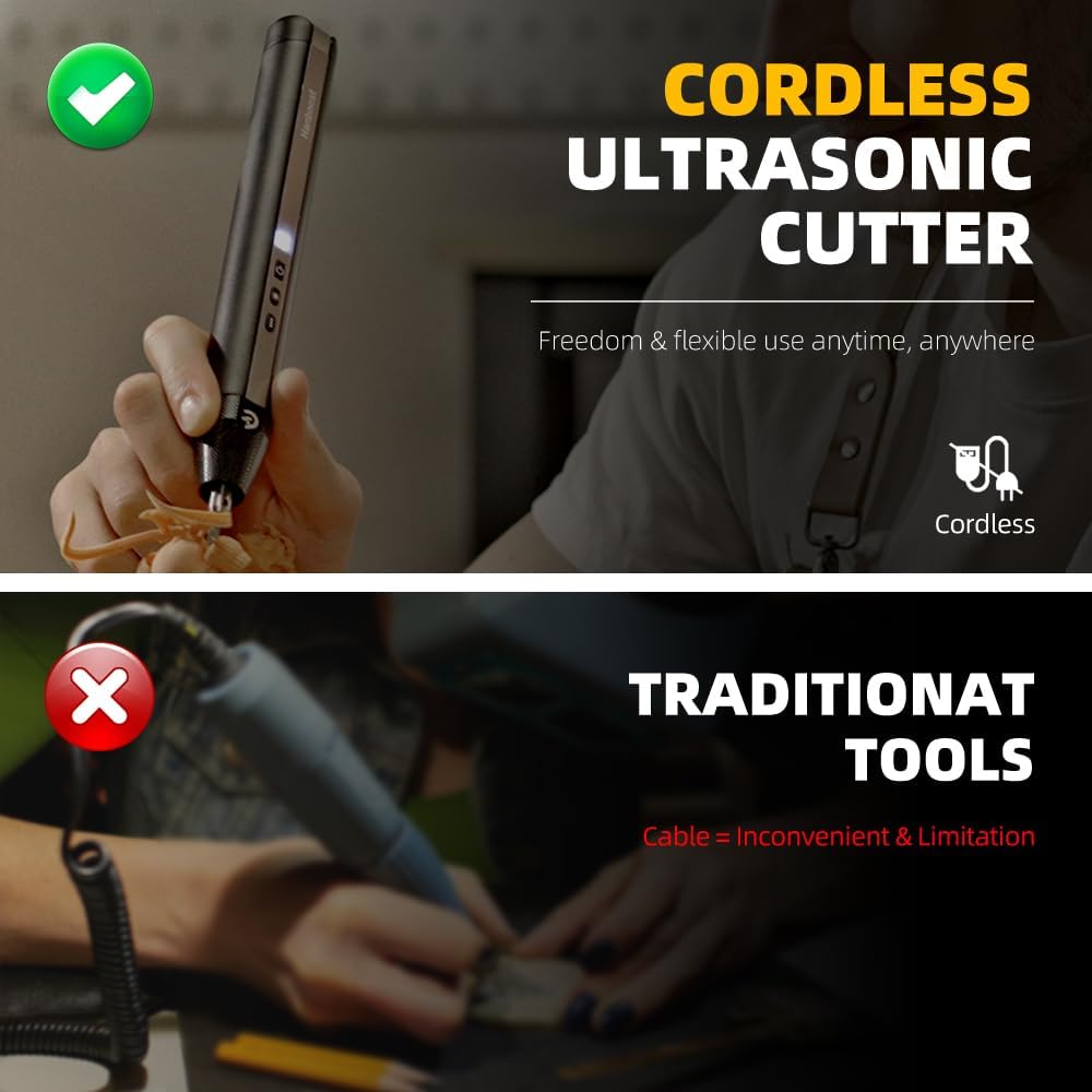 C1 Wireless Ultrasonic Cutter, 40,000Hz Electric Craft Knife, 3 Power Modes & LED, Portable Hobby Tool for 3D Print Support Removal, Plastic Model, Leather, Wood & DIY Makers