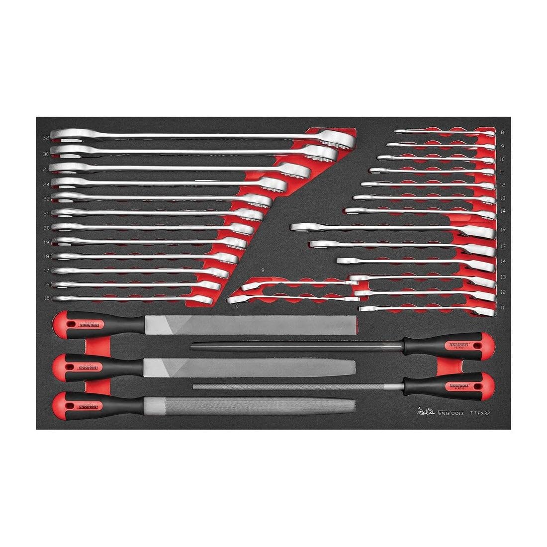 Teng Tools 32 Piece Metric Wrench and File Set FOAM4X4 Tray - TTEX32