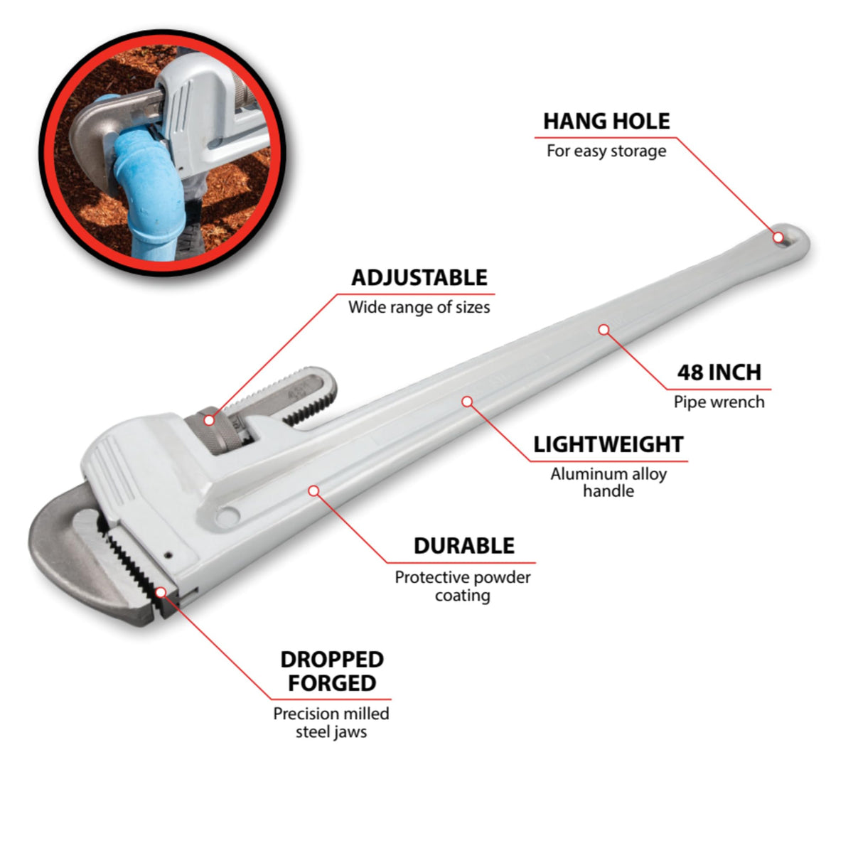 Performance Tool W2148 48 in. Heavy-Duty Aluminum Pipe Wrench