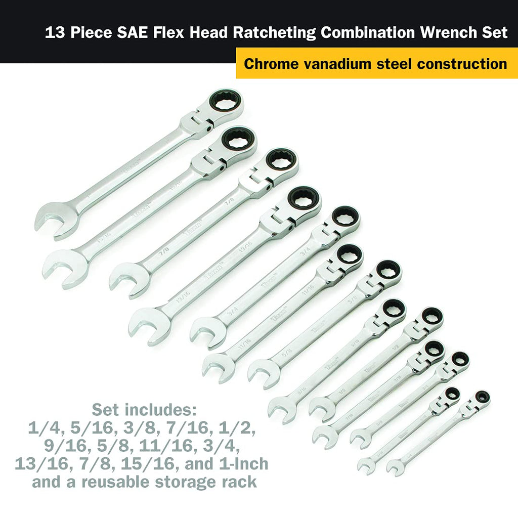 Titan 17366 13-Piece 12 Point 72 Tooth SAE Flex Head Ratcheting Combination Wrench Set