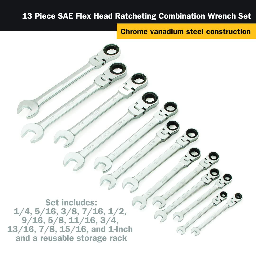 Titan 17366 13-Piece 12 Point 72 Tooth SAE Flex Head Ratcheting Combination Wrench Set