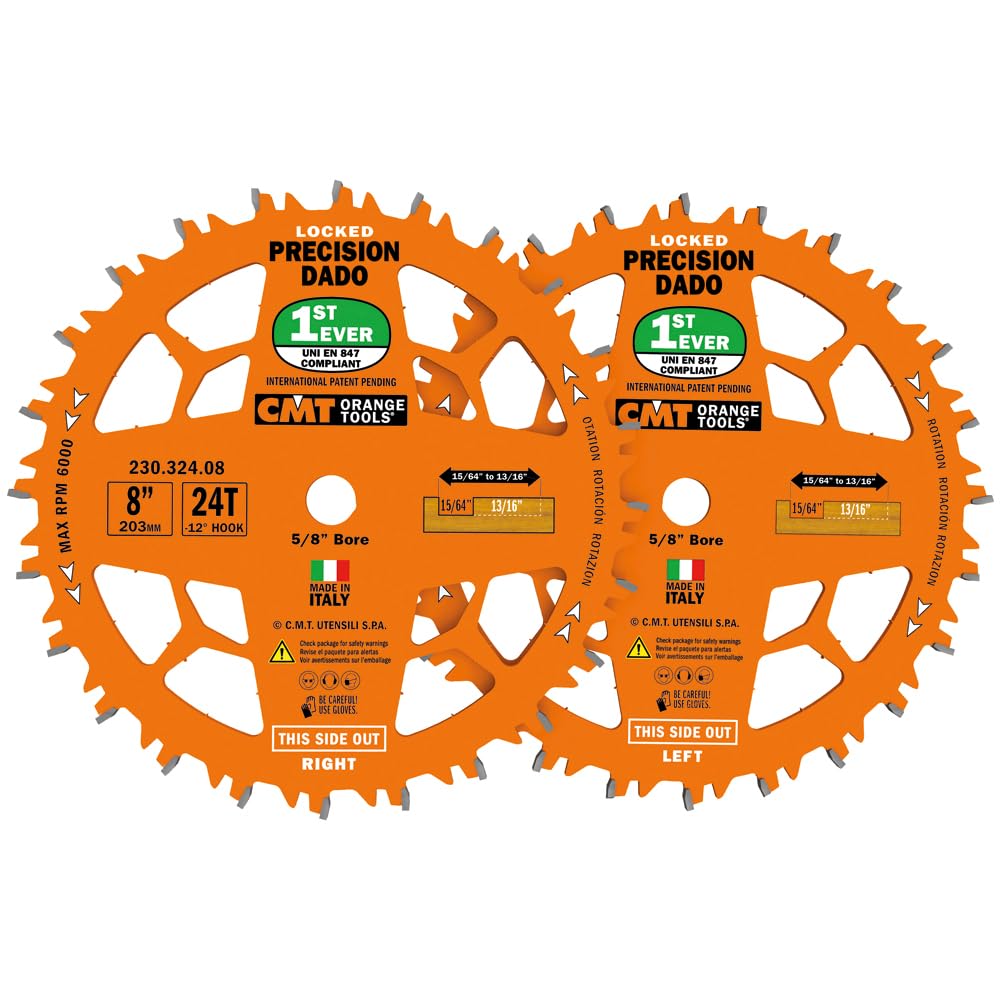 CMT 230.324.08 Precision Locked Dado Pro Set with Interlocking Chipper Design for Splinter-Free Flat Bottom Grooves - 8" Diameter, 24 Teeth, 5/8" Arbor