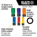 Klein Tools 66033 1/2-Inch Drive SAE Impact Socket Set with 12-Point Deep Sockets, High Visibility, Color Coated, Case Included, 6-Piece