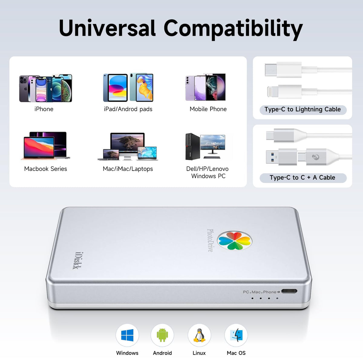 iDiskk 1TB External Hard Drive USB Photo Memory Stick for Phone Mac PC | Plug and Play with Dedicated app, Cross-Device File Transfer, Portable Photo Backup, Compatible with iOS, Windows & Mac