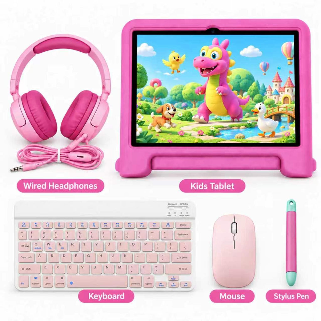 Kids Tablet 10.1" Android 16 Bundle: Keyboard, Mouse, Stylus, Headphones