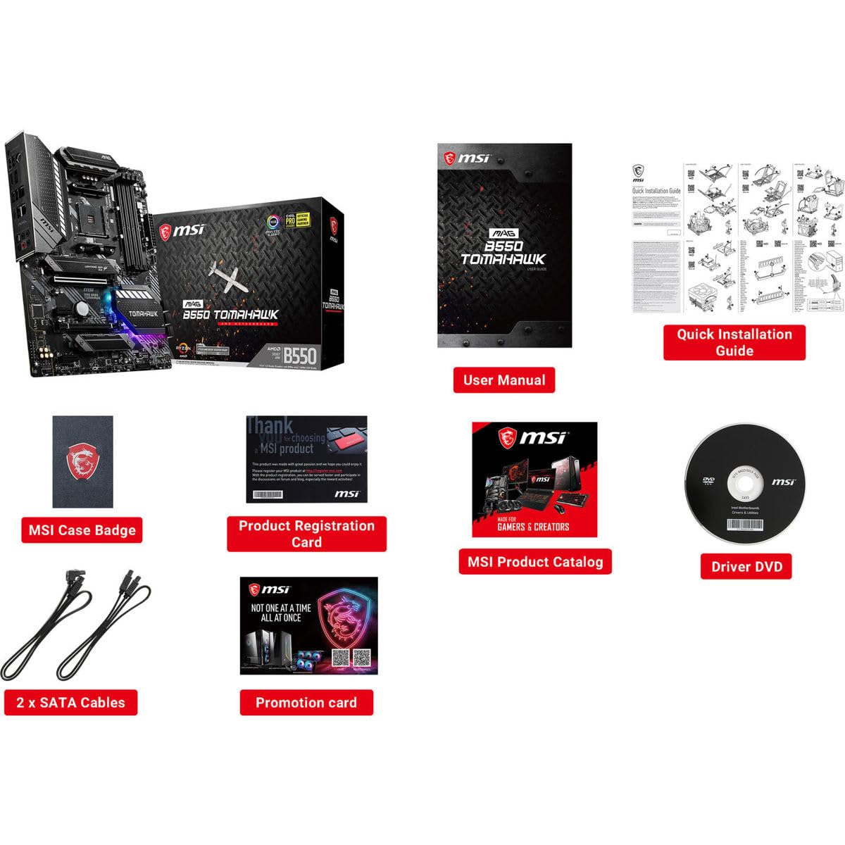 MSI MAG B550 Tomahawk Gaming Motherboard (AMD Ryzen 5000 Series, AM4, DDR4, PCIe 4.0, SATA 6Gb/s, M.2, USB 3.2 Gen 2, HDMI/DP, 2.5Gbps LAN, ATX)