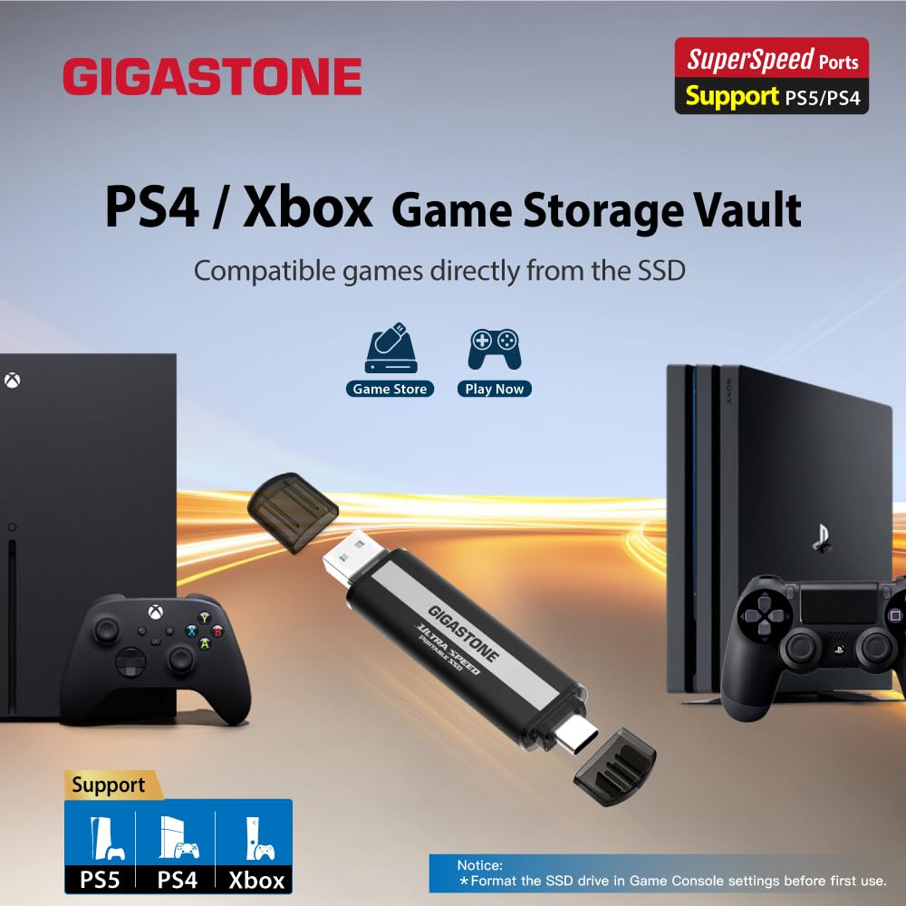Gigastone USB-C External SSD 1TB Gaming iPhone15 USB3.2 Gen2 1,050MB/s USB-A&C Dual Portable Solid State Drive MacBook iPad Laptop Smartphone SSD Backup Hard Drive for PS5 Console