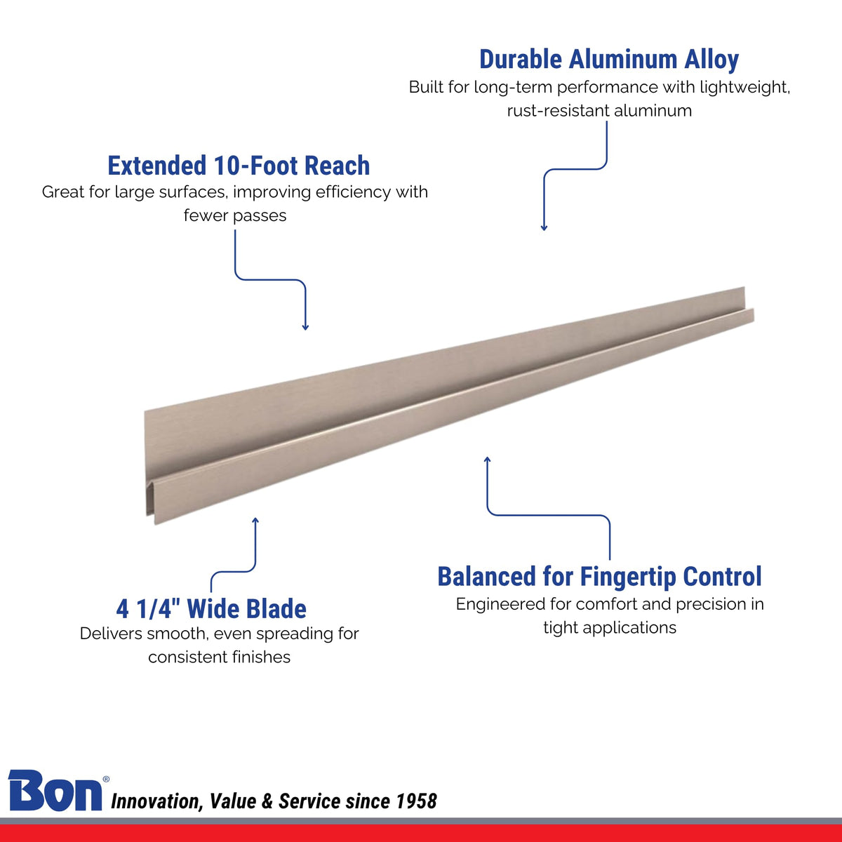 Bon Featheredge - Aluminum 10' with 4 1/4" Wide Blade for Large-Area Spreading – Lightweight Aluminum Alloy Tool with Fingertip Control for Plaster, Concrete, and Leveling Surfaces
