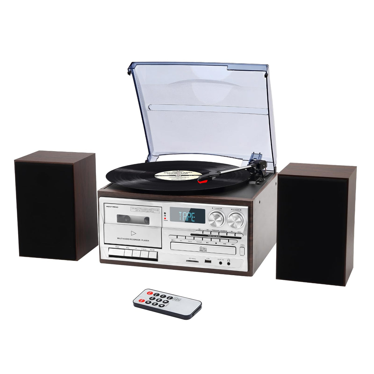 10 in 1 Record Player with External Speakers, Timeless Vintage Style & Rich Stereo Sound, Two-Way Bluetooth, 3-Speed Turntable, CD, Cassette, AM/FM Radio, USB/SD, Remote Control, Black