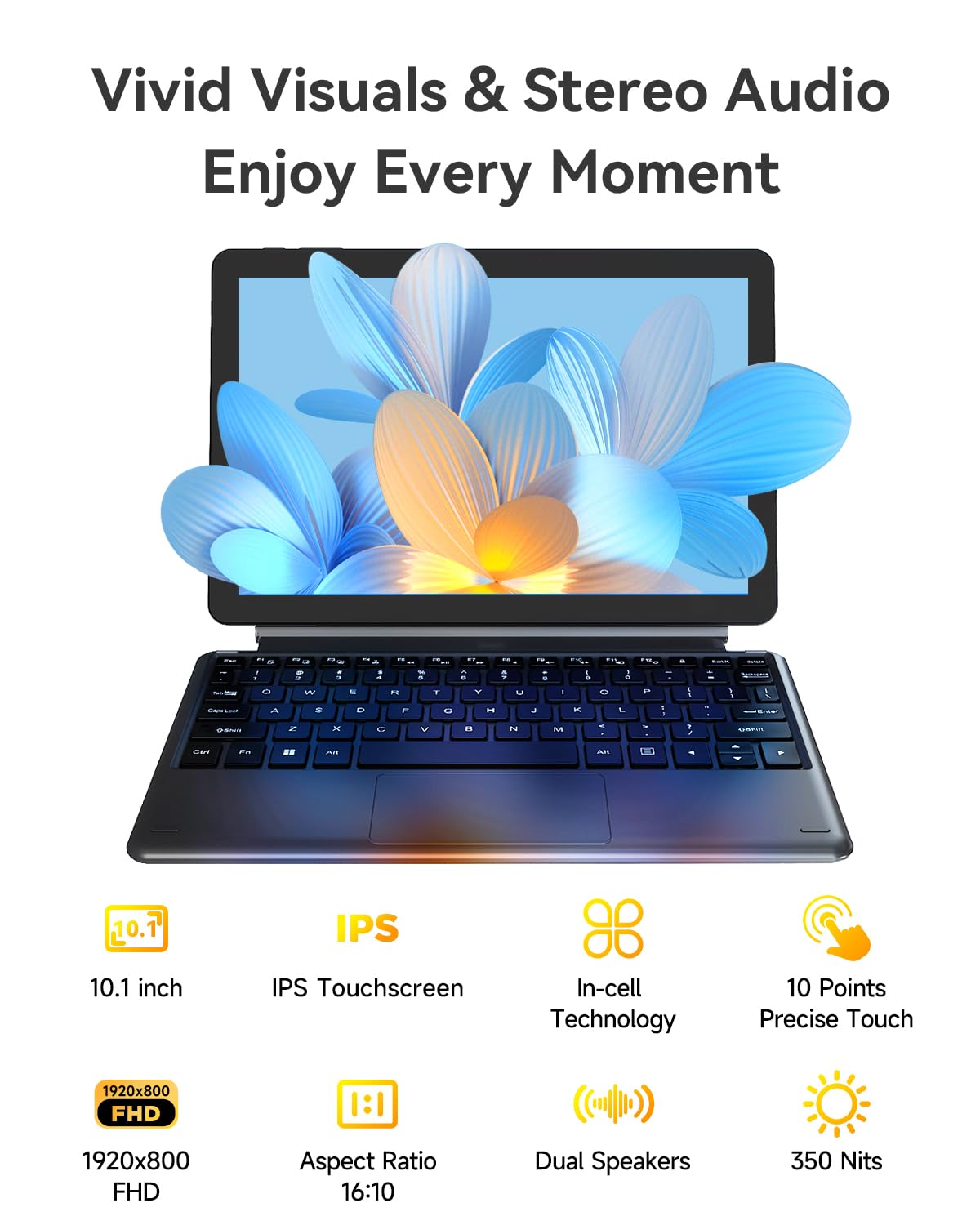 NewBook 10 10.1 inch 2-in-1 Laptop Tablet PC, Win 11 Compatible with Intel Pentium Gold 6500Y, 8GB RAM 256GB SSD, 1920x800 FHD Touchscreen, Micro HDMI/USB-C 3.2 with Magnetic Keyboard & Stand