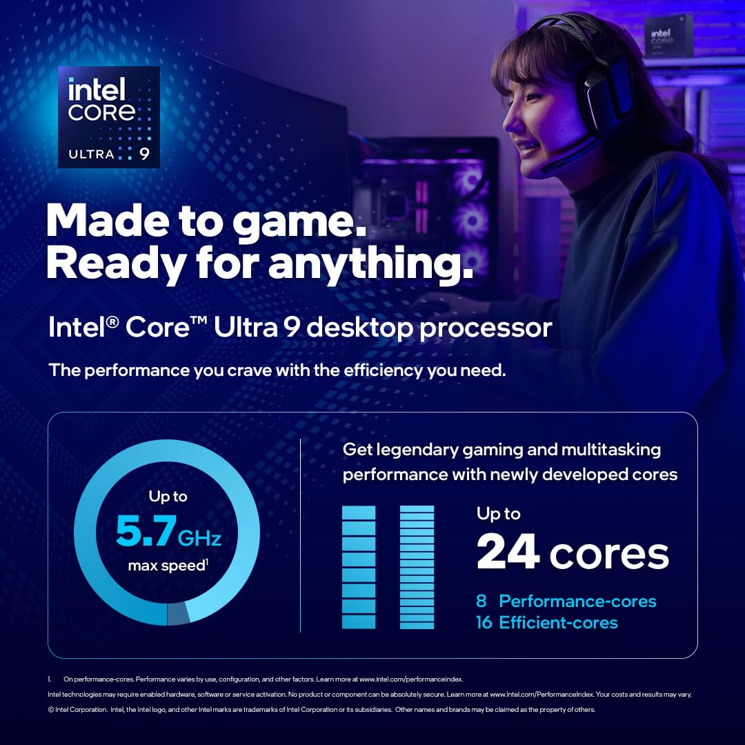 Intel Core Ultra 9 Processor 285K, 24 cores (8 P-cores + 16 E-cores) up to 5.7 GHz