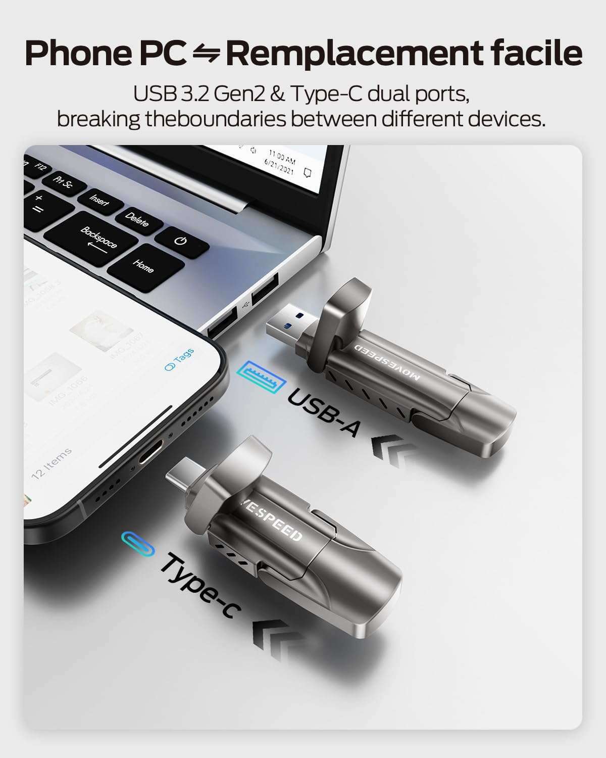 MOVE SPEED 1TB Flash Drive with 1000MB/s Read Write Speed, USB 3.2 Gen2+Type C Dual Port USB Flash Drives, Thumb Drive for iPhone 15, 16, 17 Series/MacBook/Android Phone/Audio etc(1 Pack)