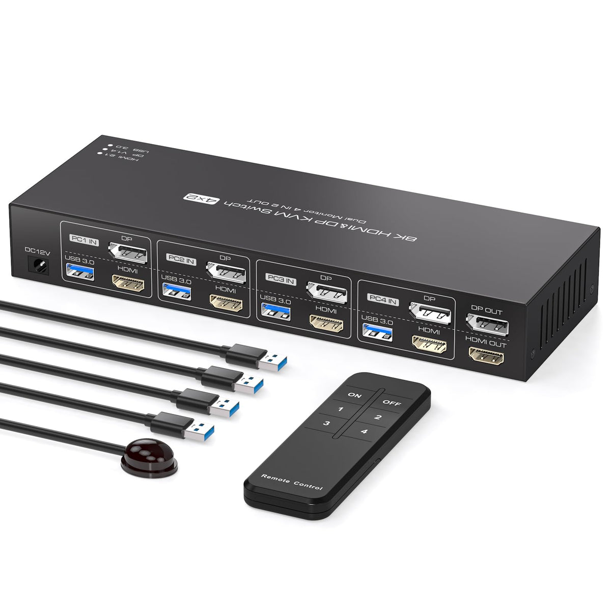 KVM Switch 4 Computers 2 Monitors HDMI and Displayport 4K120Hz 4 Port KVM Switch for 4 PCs to Share Dual Monitors and 4 USB 3.0 Peripherals Support for Copy/Extend Modes with Controller