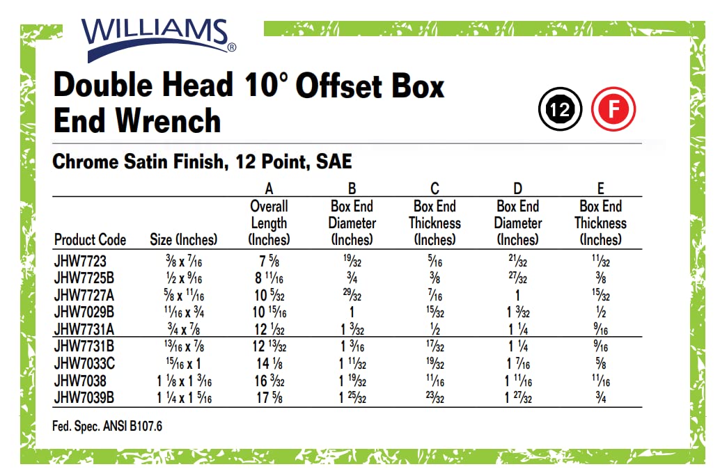 Williams WS-7707 7-Piece Double Head 10-Degree Offset Box End Wrench Set