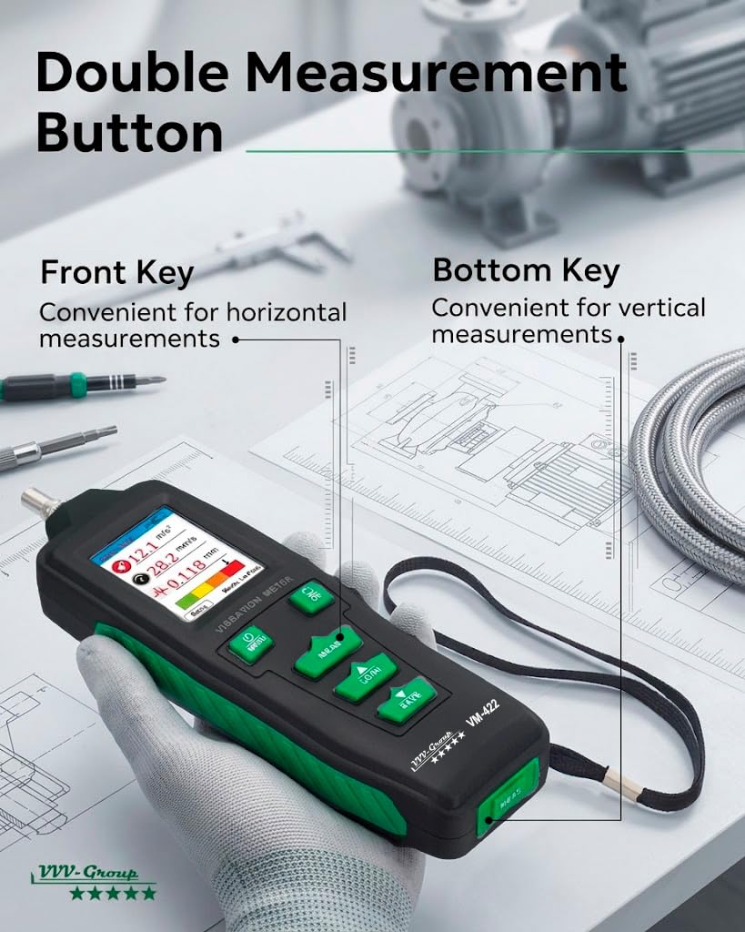 Digital Vibration Meter – VM-422 Industrial Vibrometer with Memory, Acceleration 0.1–199.9 m/s², Velocity 0.1–199.9 mm/s, Displacement 0.001–1.999 mm, 10Hz–4kHz, 500 Data Storage