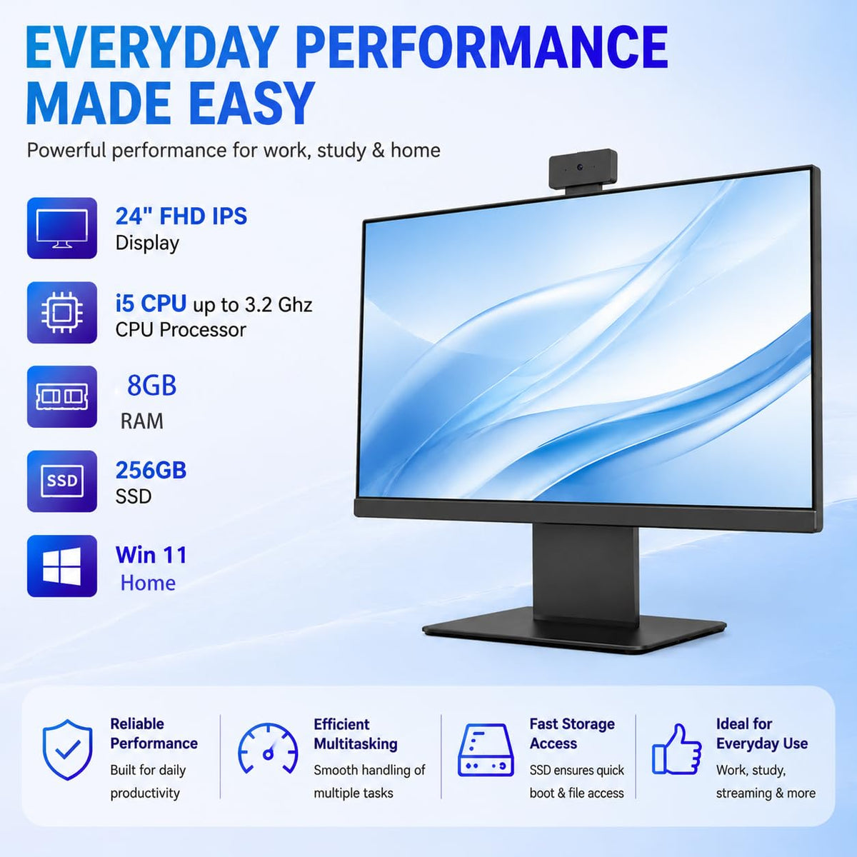 24" FHD All in One Desktop Computer, i5 CPU Up to 3.2 GHz,8GB RAM 256GB SSD