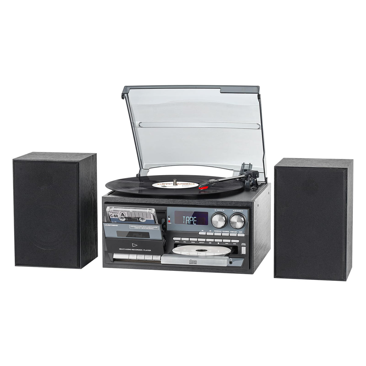 10 in 1 Record Player with External Speakers, Timeless Vintage Style & Rich Stereo Sound, Two-Way Bluetooth, 3-Speed Turntable, CD, Cassette, AM/FM Radio, USB/SD, Remote Control, Black