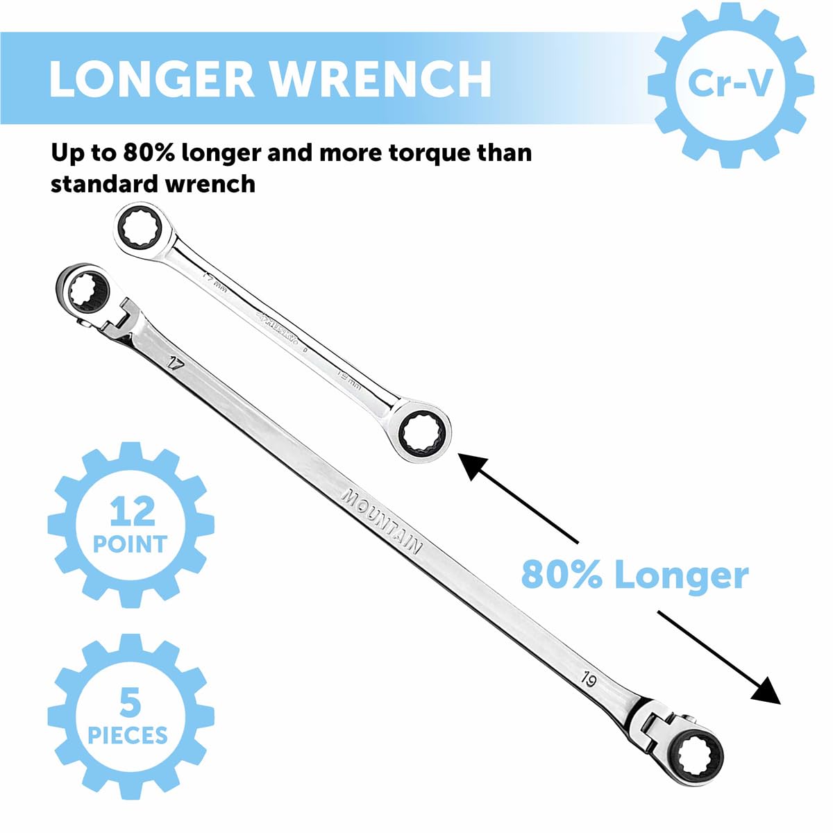 MOUNTAIN RM6, 5 Piece Metric Double Box Universal Spline Reversible Ratcheting Wrench Set, Extra Long Chrome Vanadium Steel, 90 Tooth, 4 Degree Swing Arc, Flexible Design for Hard to Reach Fasteners