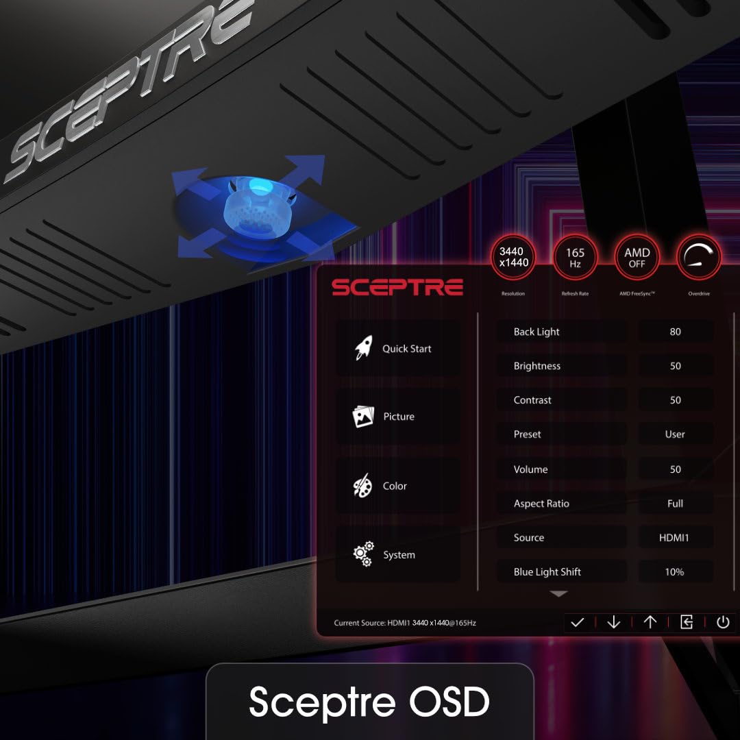 Sceptre 34-inch Curved ultrawide WQHD Monitor (3440 × 1440), R1500, up to 180Hz/165Hz, DisplayPort x2, 99% sRGB, 1ms, Built-in Speakers, Machine Black, 2025 (C345B-QUT168)