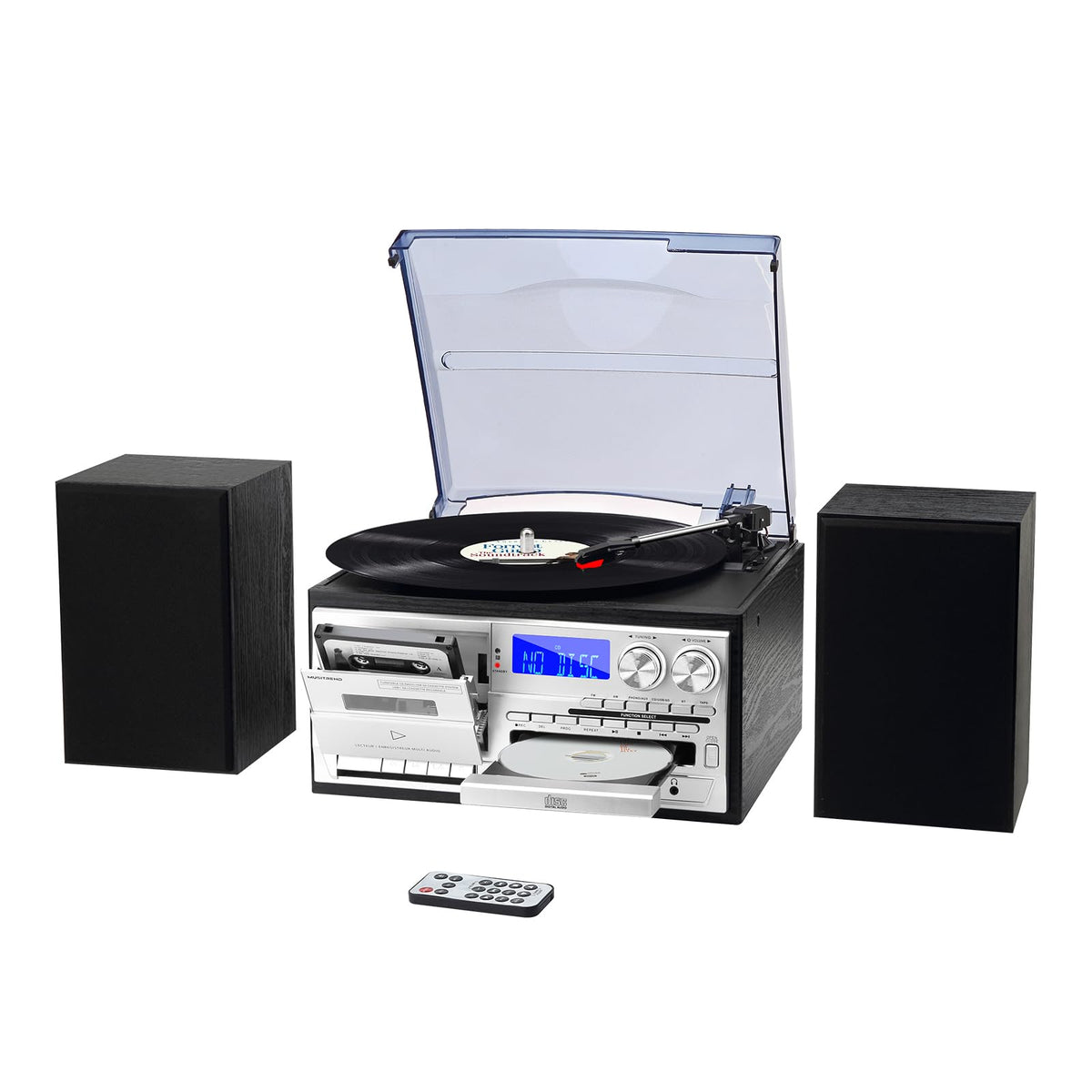 10 in 1 Record Player with External Speakers, Timeless Vintage Style & Rich Stereo Sound, Two-Way Bluetooth, 3-Speed Turntable, CD, Cassette, AM/FM Radio, USB/SD, Remote Control, Black