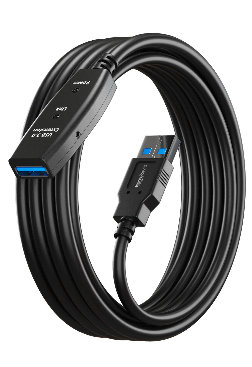 MutecPower 100 Feet Active USB Extension Cable 3.0 Male to Female with 3 Extension chipsets Signal Booster - Repeater Cord 30 Meters / 100 Feet (AC Power Supply Included)
