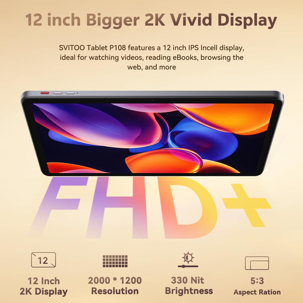 12 Inch Android 16 Tablet, 2K Display, 30GB RAM, 128GB Storage Expandable