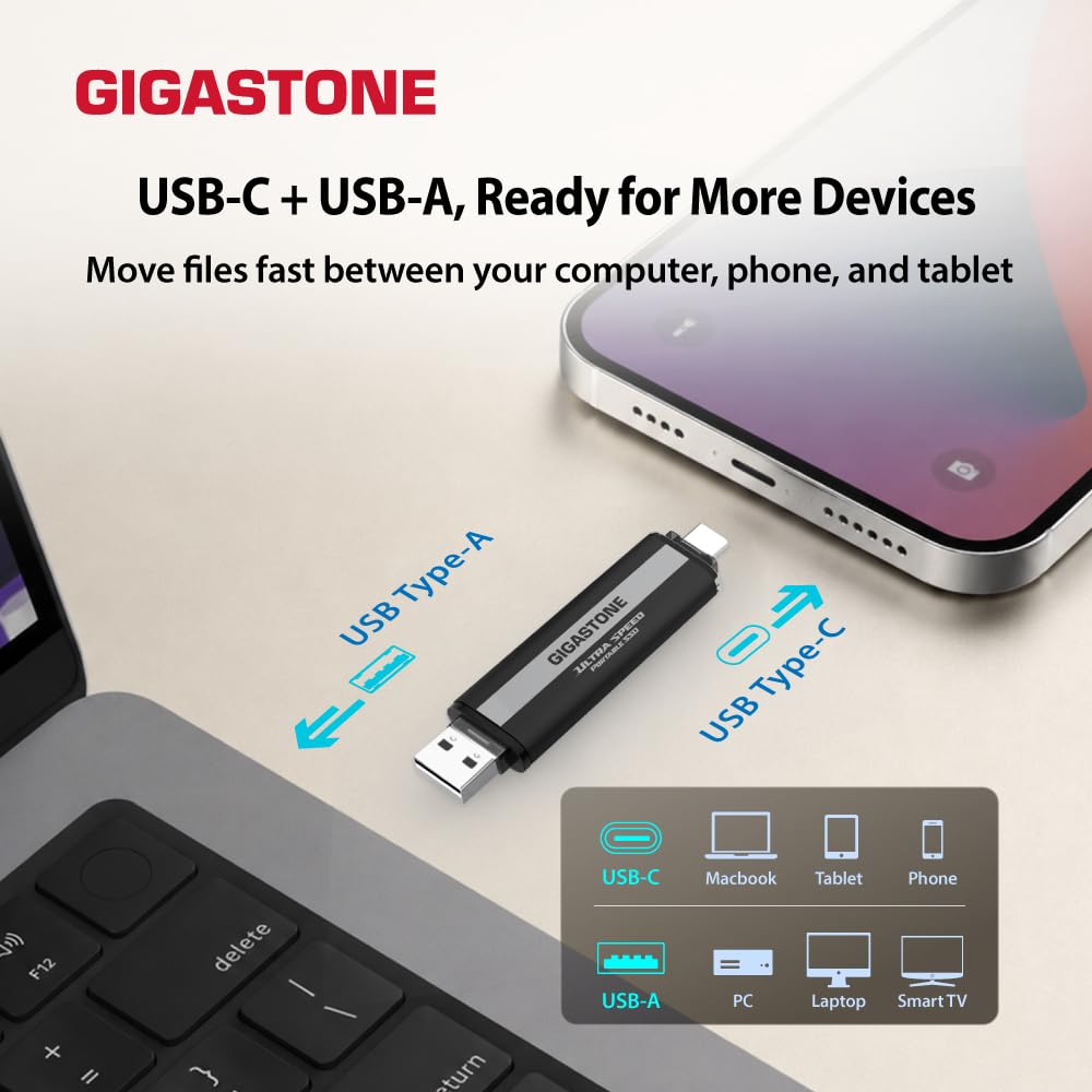 Gigastone USB-C External SSD 1TB Gaming iPhone15 USB3.2 Gen2 1,050MB/s USB-A&C Dual Portable Solid State Drive MacBook iPad Laptop Smartphone SSD Backup Hard Drive for PS5 Console