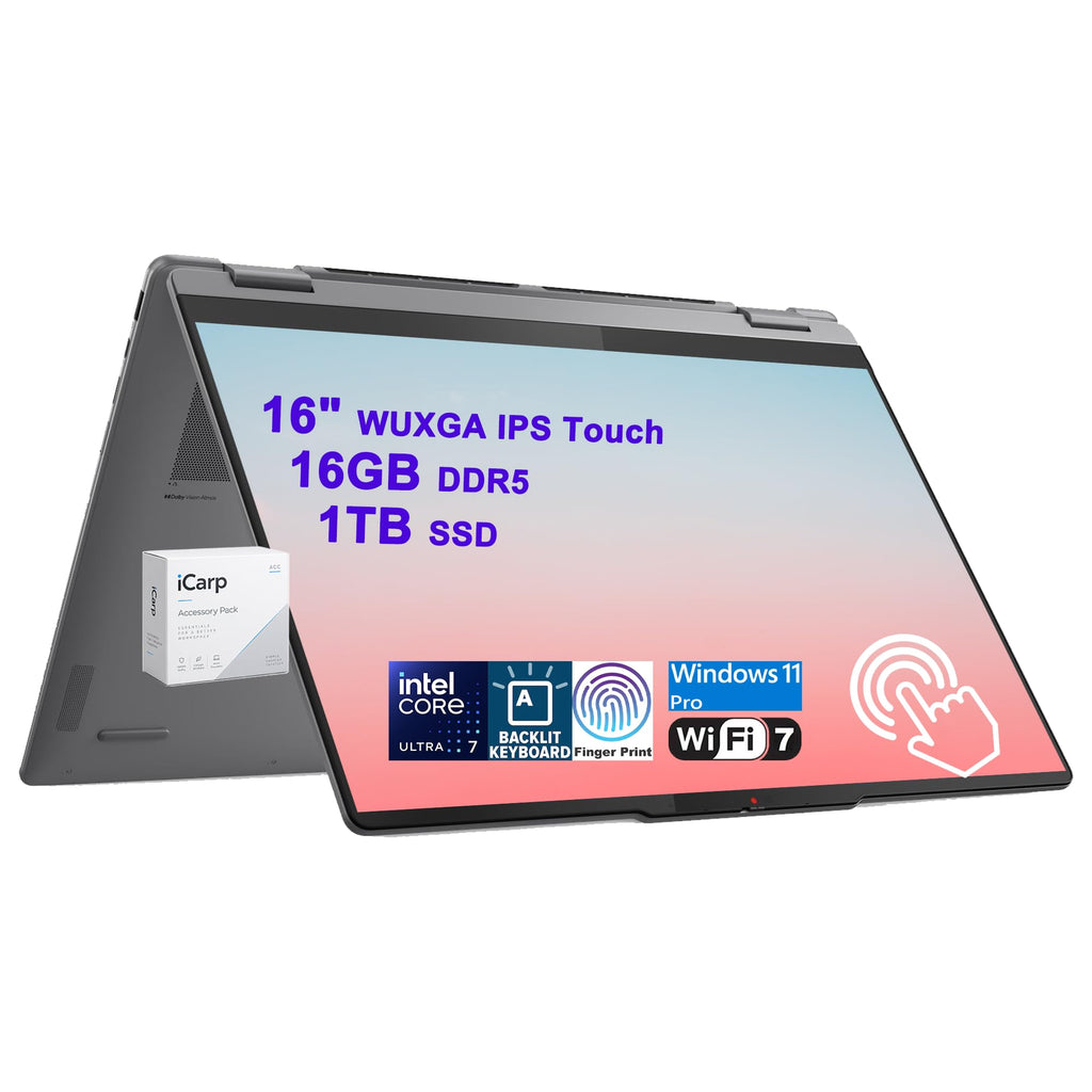 Lenovo Yoga 7 2-in-1 AI Laptop 16" WUXGA Touch Intel 8-core Ultra 7 256V (Up to 47 NPU Tops) 16GB DDR5 1TB SSD WiFi7 Fingerprint Backlit for Creator Business Professional Win11 Pro ICP Accessory