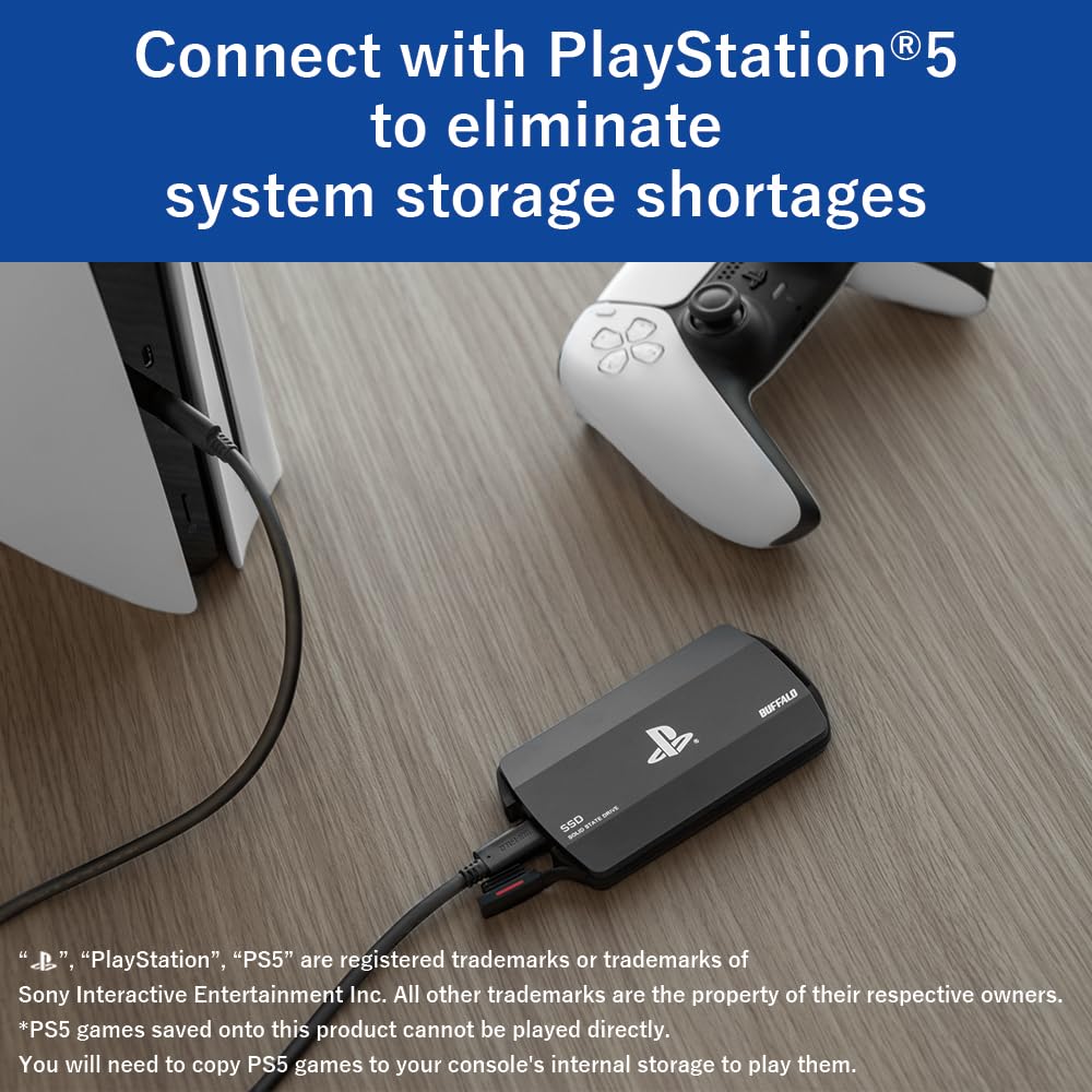 BUFFALO External SSD 1.0TB Officially Licensed Product, Compatible with PS 5 / PS 4 Consoles - USB3.2 Gen2 Type A and C - Portable Anti Shock IP55 Dust and Water Resistant SSD-PHO1.0U3B
