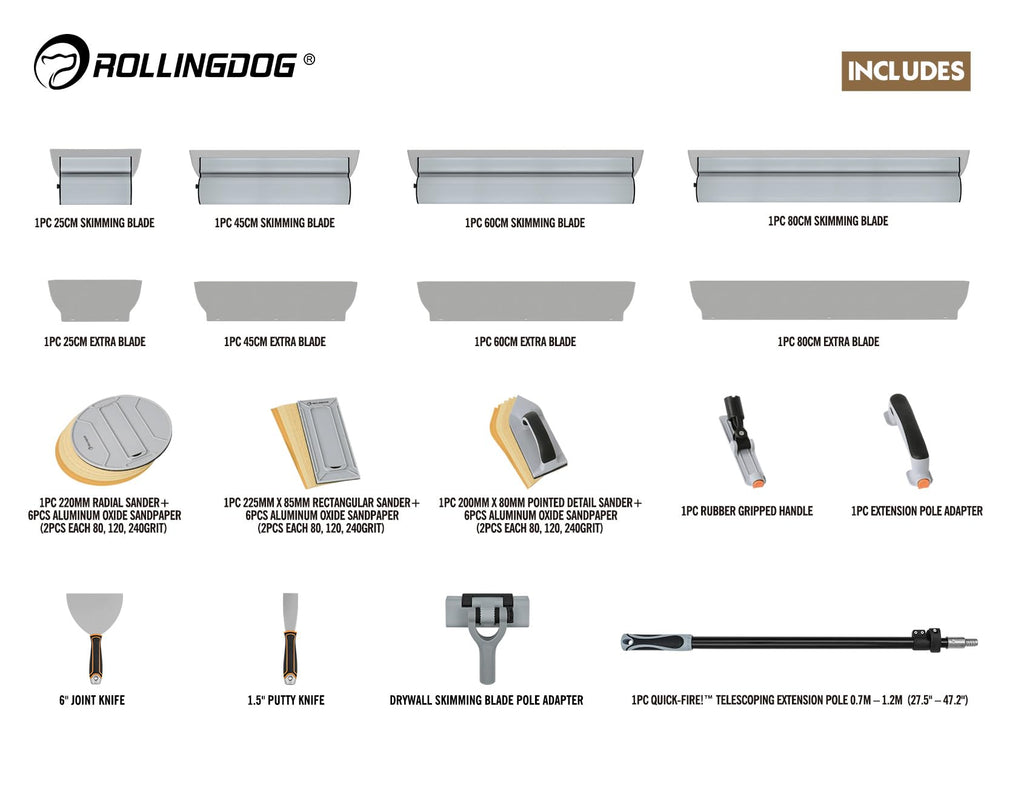 ROLLINGDOG Skimming Blade Set with Case - 4PC Skimming Blades with Adjustable Extension Pole Adapter,Extension Pole,Putty Knives,Detail Sander, Radial Wall Sander and Rectangular Sander, 50530