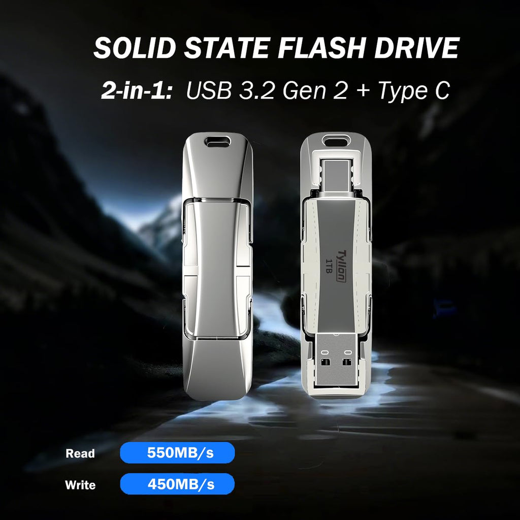 1T Solid State USB Drive, Up to 550MB/s High Speed USB 3.2 Gen 2 Thumb Drive, USB C & USB A Dual Drives, External SSD Storage for iPhone 17/16/15, Android, MacBook, Laptop, PC, iPad and More