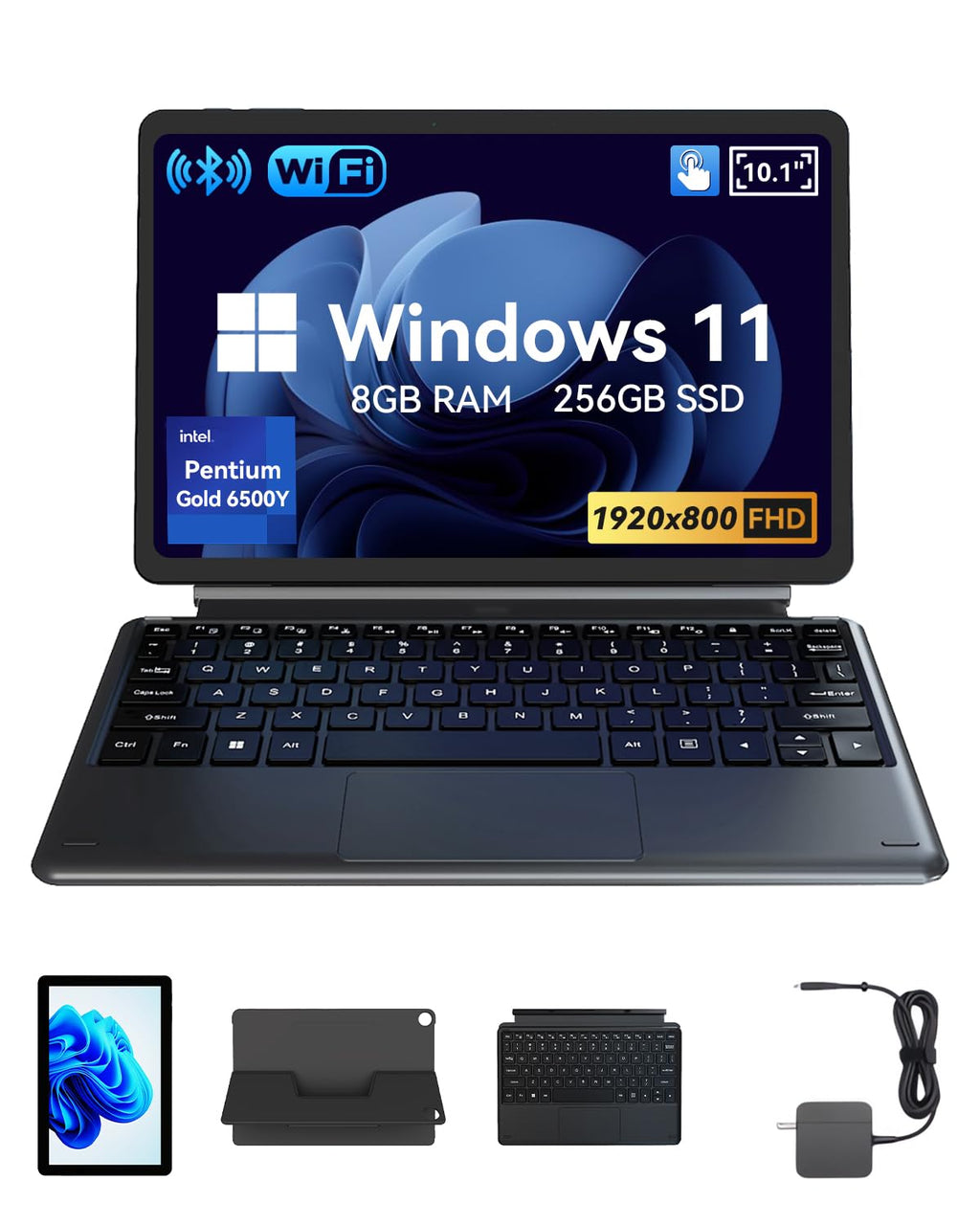 NewBook 10 10.1 inch 2-in-1 Laptop Tablet PC, Win 11 Compatible with Intel Pentium Gold 6500Y, 8GB RAM 256GB SSD, 1920x800 FHD Touchscreen, Micro HDMI/USB-C 3.2 with Magnetic Keyboard & Stand