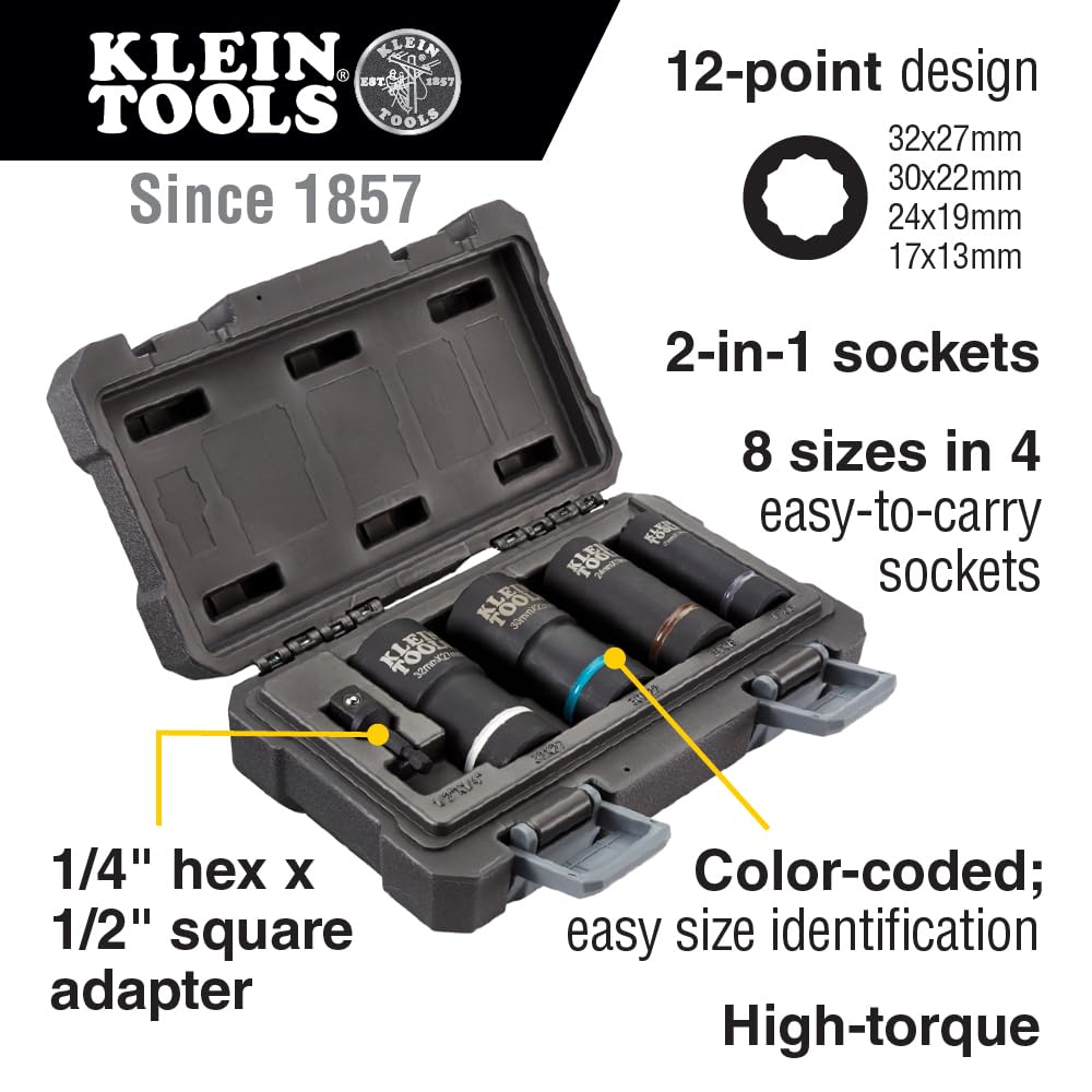 Klein Tools Impact Socket, Metric, 1/2-Inch Drive, 12-Point Deep Sockets